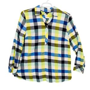 Talbots Women XL Plaid Button Front Tunic Shirt Long Sleeve Roll Tab Casual